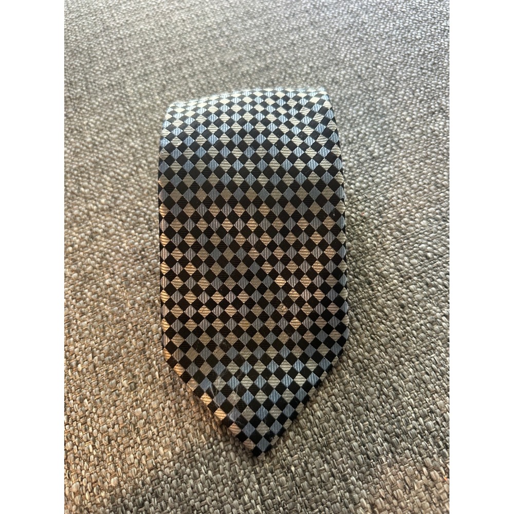Knightsbridge Mens Silk Blend Geometric Pattern‎ Tie Black Silver Blue  VGUC